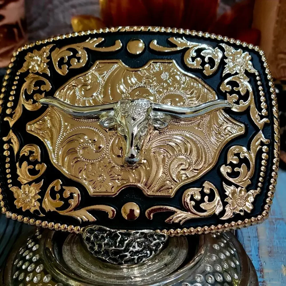 Longhorn Western Belt Buckle Cowboy Rodeo Buckle Rosetone With Black Accents